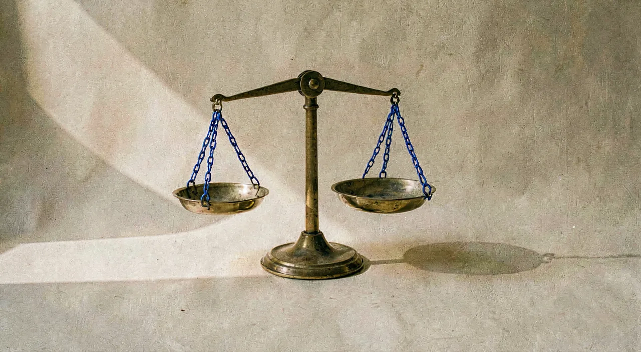A small brass balance scale resting perfectly level