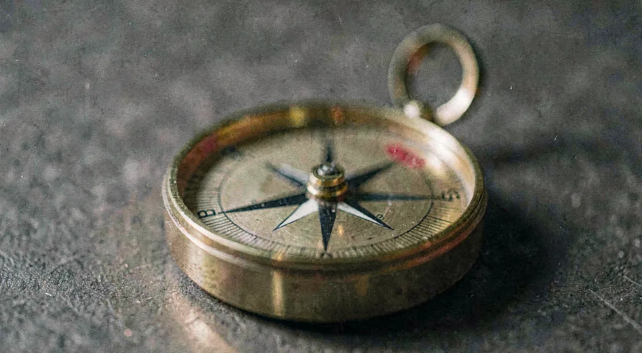 Close-up of a brass compass with a plain unmarked dial