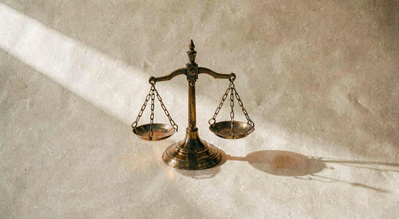 Brass scales of justice on warm paper, lit from one side