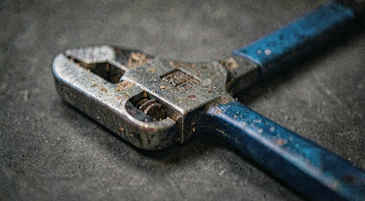 Close-up of a well-used adjustable pipe wrench