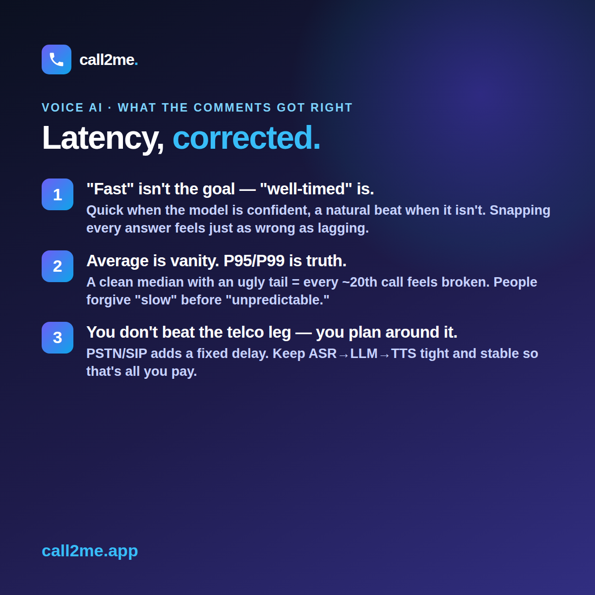 A three-correction card on voice AI latency: well-timed, P95/P99, and telephony jitter