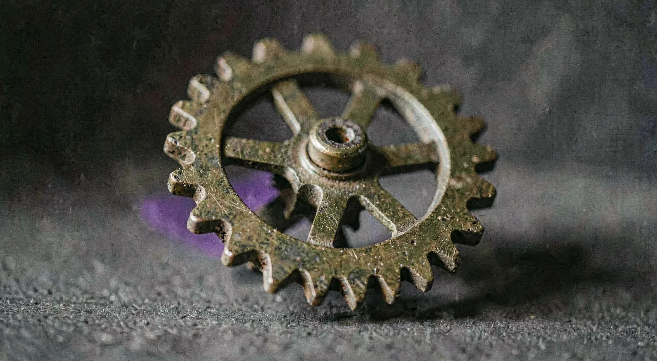Close-up of an antique brass interlocking gear wheel